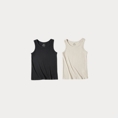 Black and beige tank tops on a white background